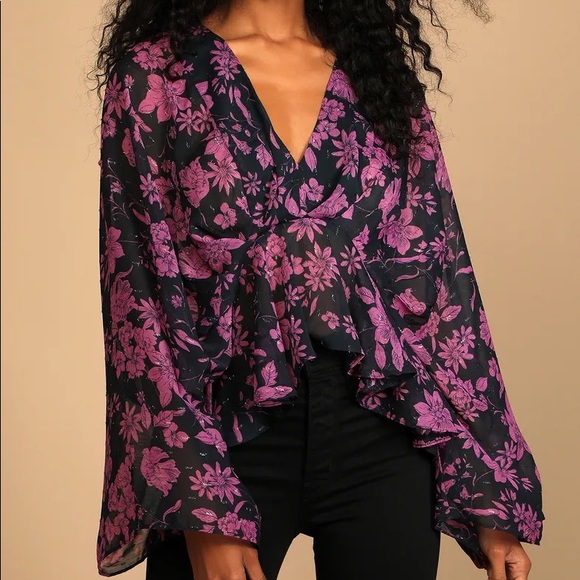 NEW Midnight Blue Floral Print Long Sleeve Top - Picture 5 of 8